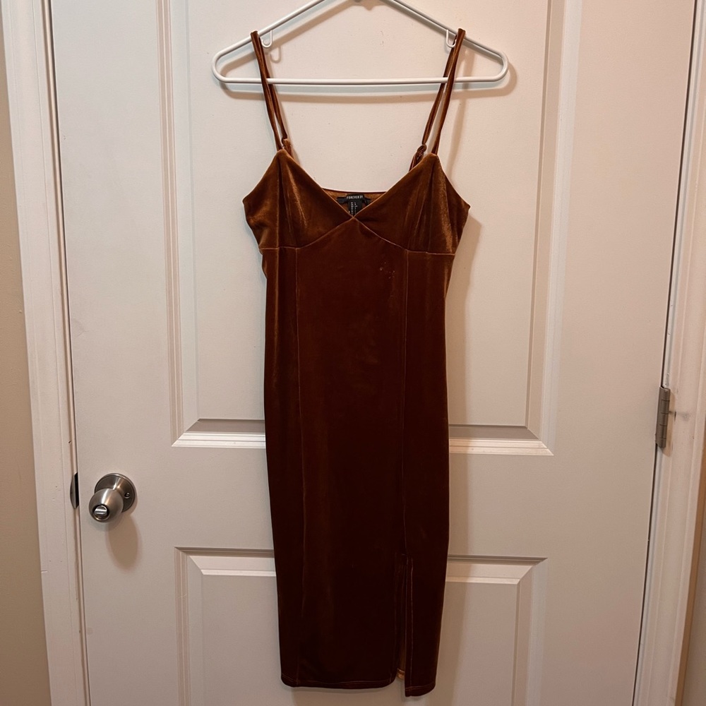 Velvet Slip Midi Dress - Brown